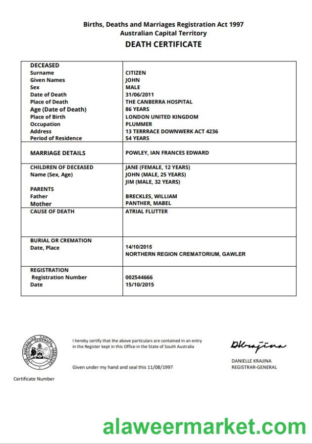 Australia Australian Capital Territory death certificate template in Word
